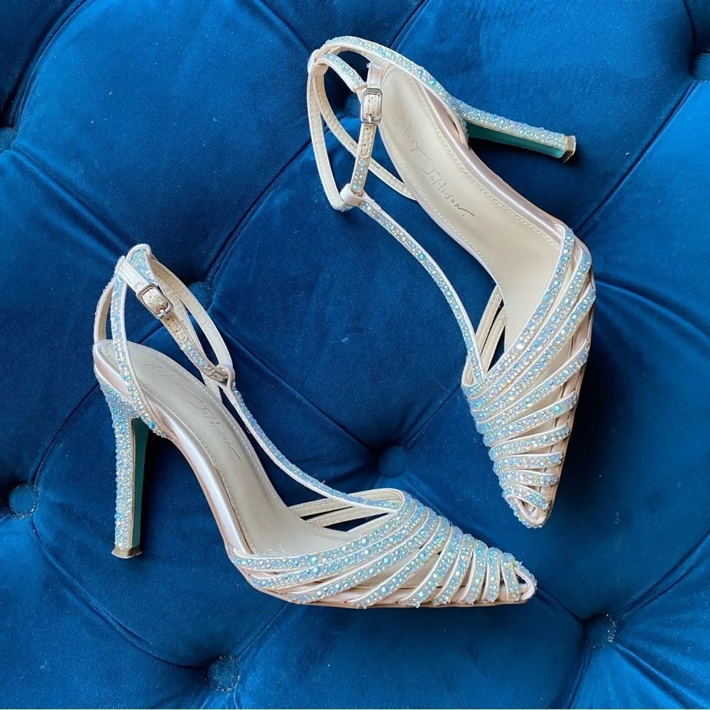 Betsey Johnson Nude Crystal Embellished T-Strap Heels